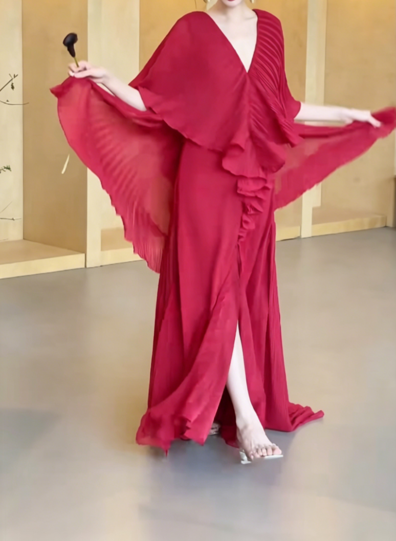 Ornate High Slit Red Prom Dress Pleated A-Line Evening Dress GG6477