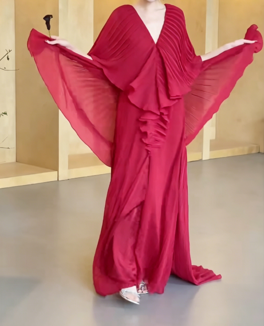 Ornate High Slit Red Prom Dress Pleated A-Line Evening Dress GG6477