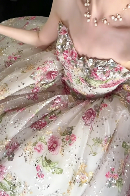 Charming Strapless Floral Prom Dress Sequins A-Line Evening Dress GG6482
