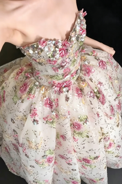 Charming Strapless Floral Prom Dress Sequins A-Line Evening Dress GG6482