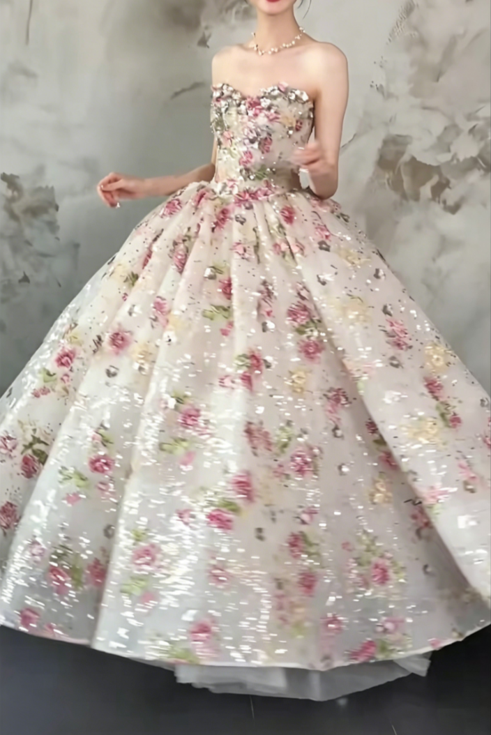 Charming Strapless Floral Prom Dress Sequins A-Line Evening Dress GG6482