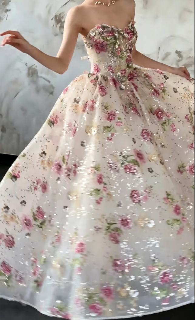 Charming Strapless Floral Prom Dress Sequins A-Line Evening Dress GG6482