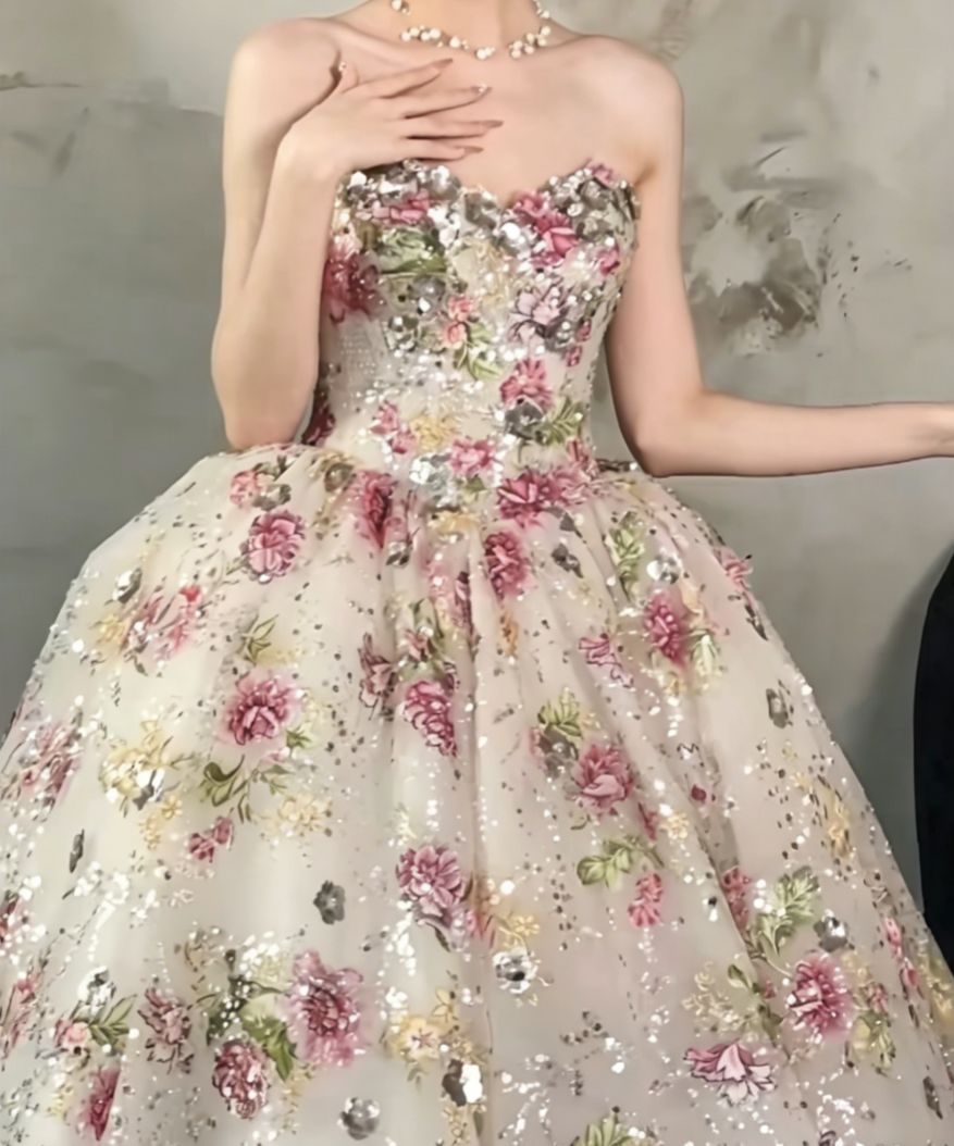 Charming Strapless Floral Prom Dress Sequins A-Line Evening Dress GG6482