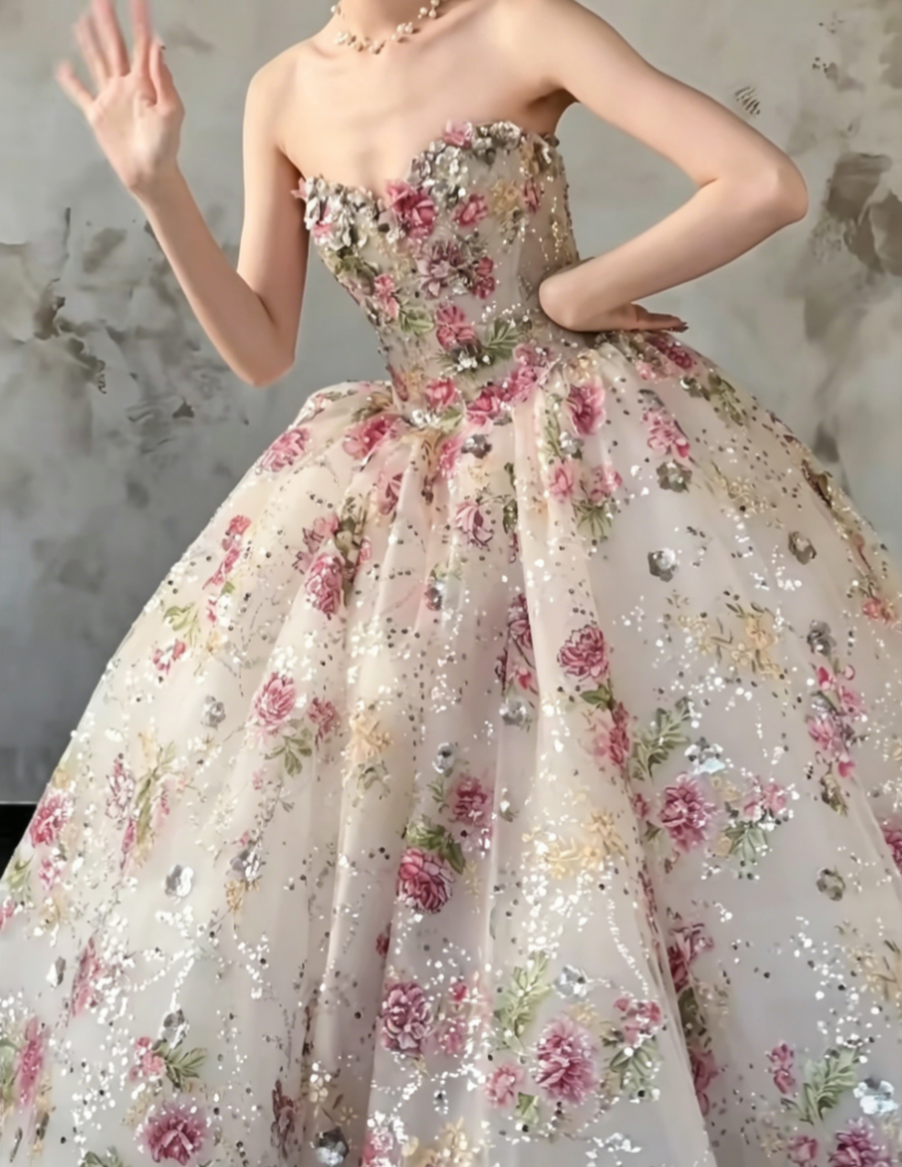 Charming Strapless Floral Prom Dress Sequins A-Line Evening Dress GG6482
