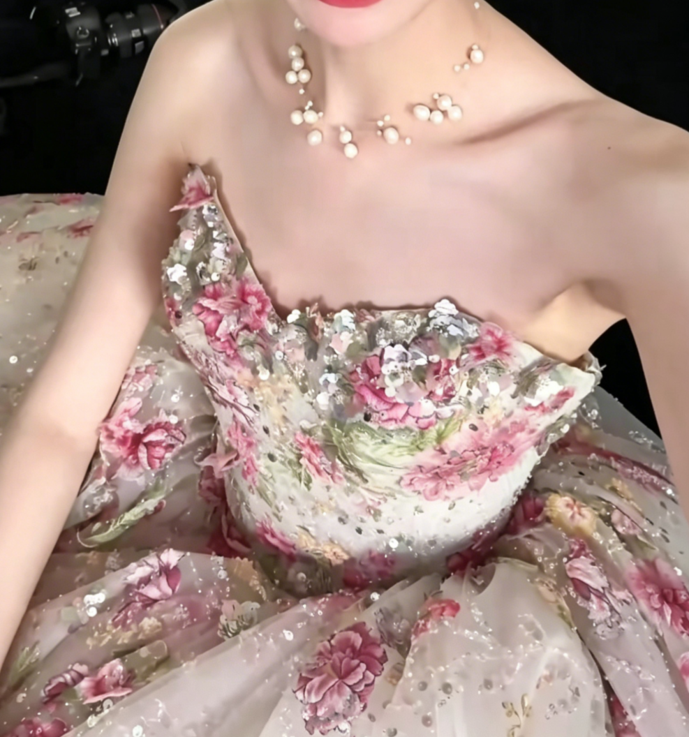 Charming Strapless Floral Prom Dress Sequins A-Line Evening Dress GG6482