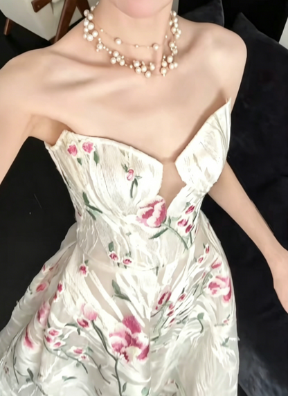 Classical Strapless White Prom Dress Floral A-Line Evening Dress GG6483