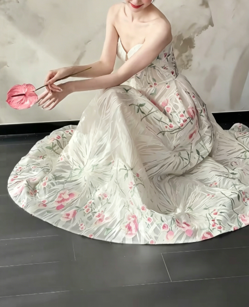 Classical Strapless White Prom Dress Floral A-Line Evening Dress GG6483
