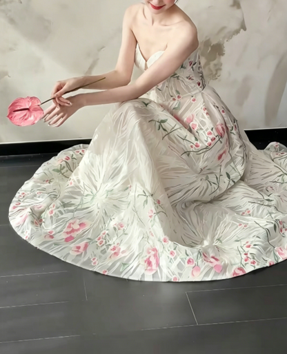 Classical Strapless White Prom Dress Floral A-Line Evening Dress GG6483