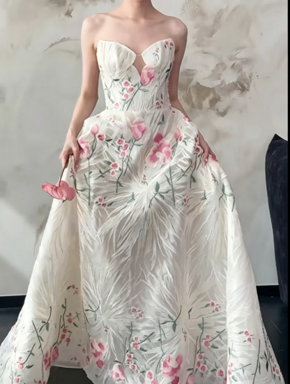 Classical Strapless White Prom Dress Floral A-Line Evening Dress GG6483