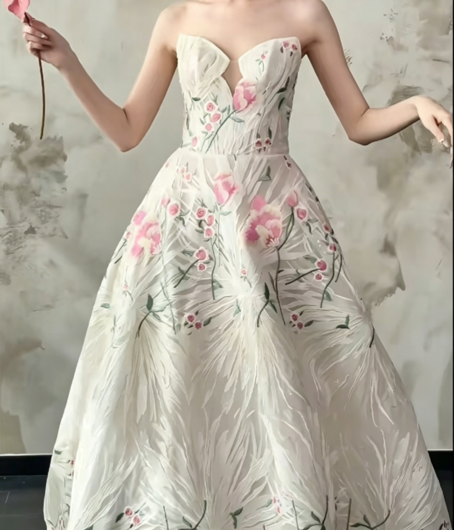 Classical Strapless White Prom Dress Floral A-Line Evening Dress GG6483