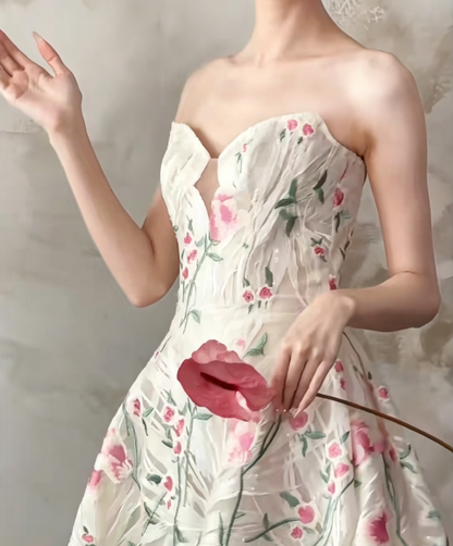 Classical Strapless White Prom Dress Floral A-Line Evening Dress GG6483