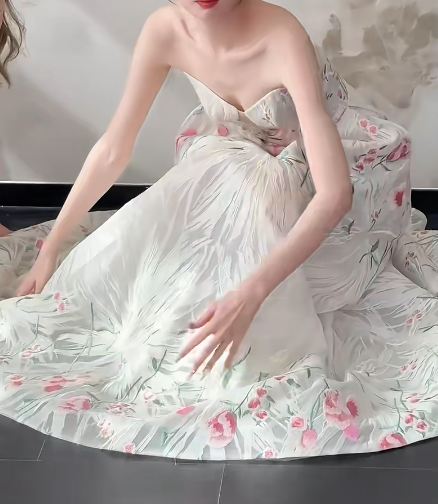 Classical Strapless White Prom Dress Floral A-Line Evening Dress GG6483