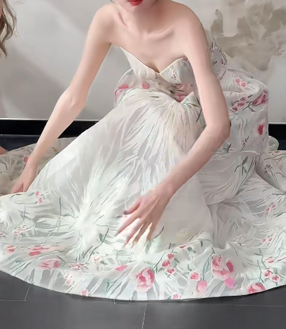 Classical Strapless White Prom Dress Floral A-Line Evening Dress GG6483
