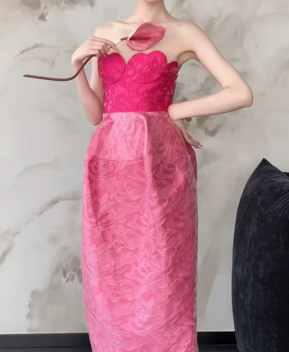 Y2K Strapless Hot Pink Prom Dress Jacquard Sheath Evening Dress GG6487