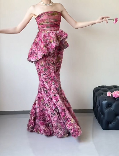 Chic Strapless Ruffles Prom Dress Tiered Floral Mermaid Evening Dress GG6495