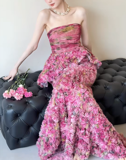 Chic Strapless Ruffles Prom Dress Tiered Floral Mermaid Evening Dress GG6495
