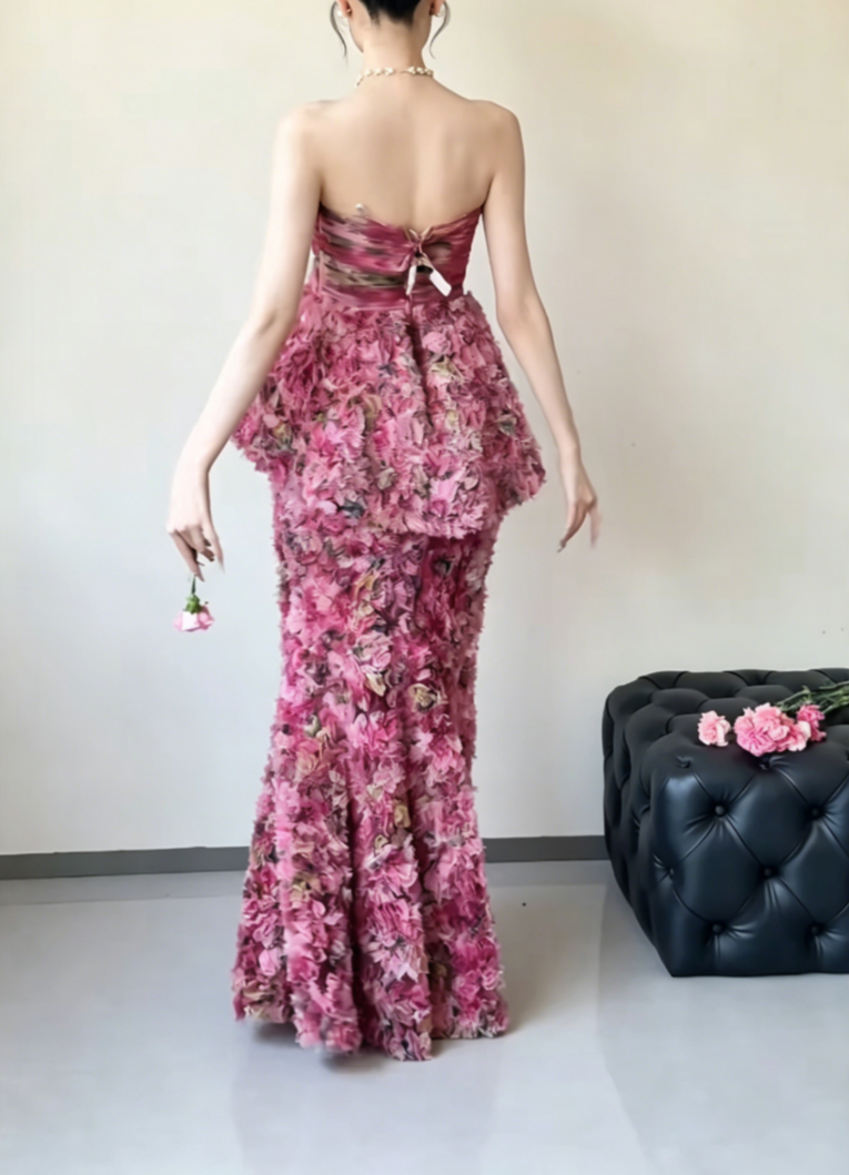 Chic Strapless Ruffles Prom Dress Tiered Floral Mermaid Evening Dress GG6495