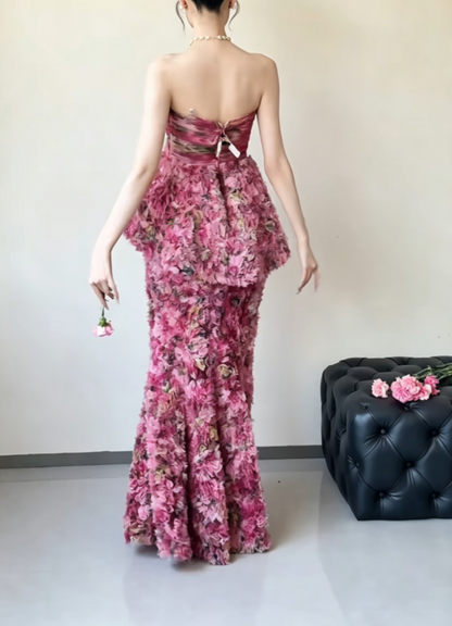 Chic Strapless Ruffles Prom Dress Tiered Floral Mermaid Evening Dress GG6495