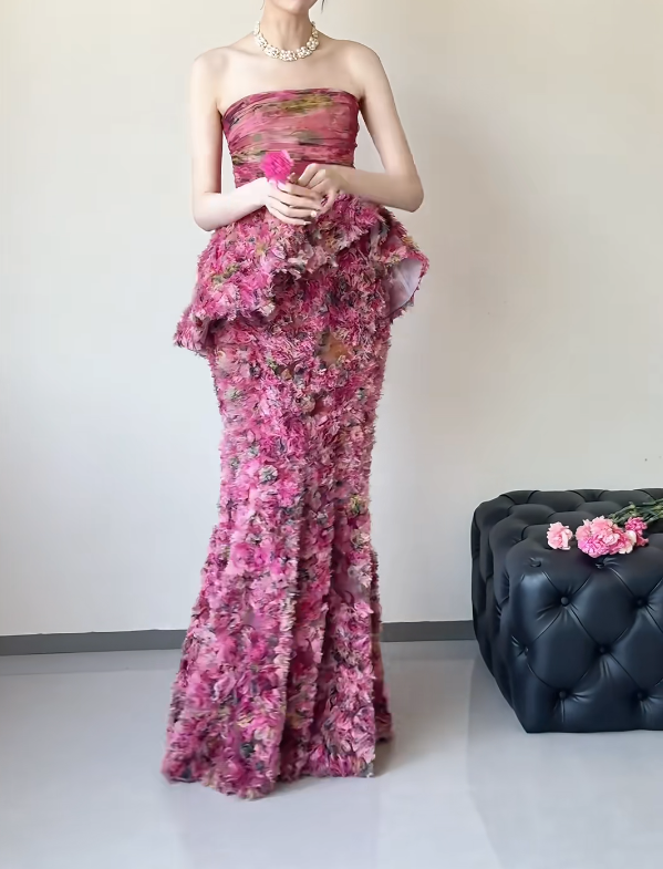 Chic Strapless Ruffles Prom Dress Tiered Floral Mermaid Evening Dress GG6495