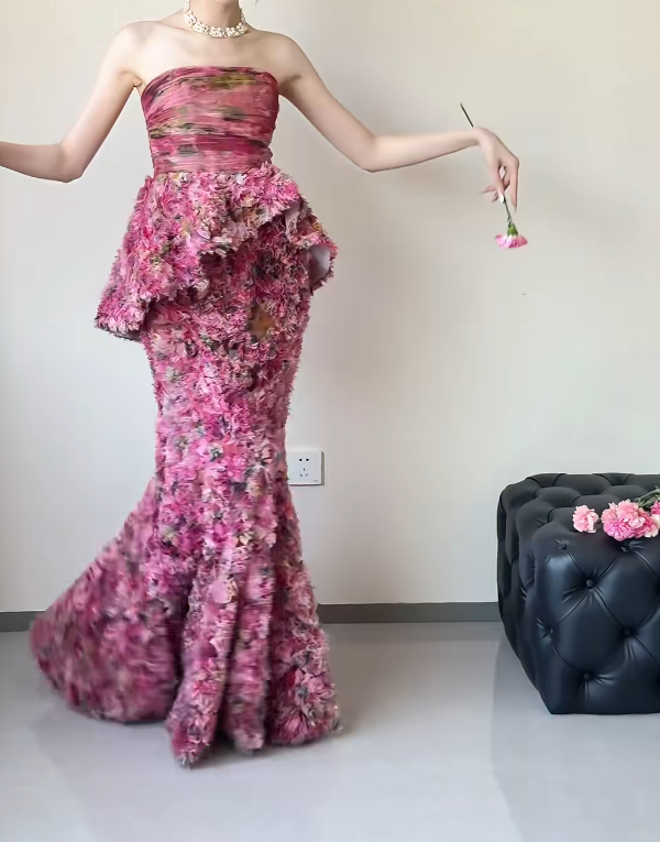 Chic Strapless Ruffles Prom Dress Tiered Floral Mermaid Evening Dress GG6495