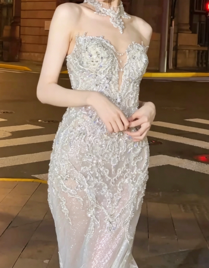 Playful Halter Neck Beaded Wedding Dress Sequins Mermiad Bridal Dress GG6496