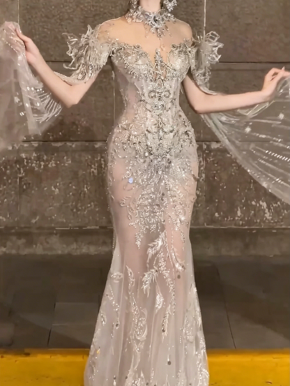 Luxurious Illusion Neck Beaded Wedding Dress Rhinestones Sequins Mermiad Bridal Dress GG6497