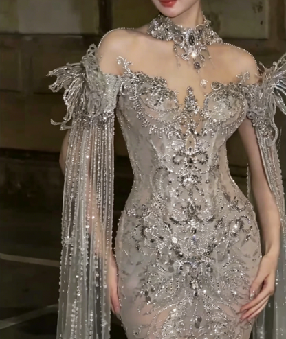 Luxurious Illusion Neck Beaded Wedding Dress Rhinestones Sequins Mermiad Bridal Dress GG6497