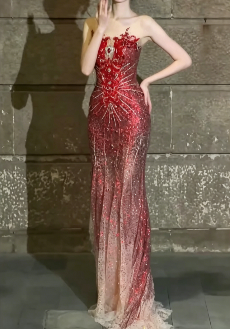 Romantic Illusion Neck Red Prom Dress Sequins Beaded Mermaid Evening Dress GG6501