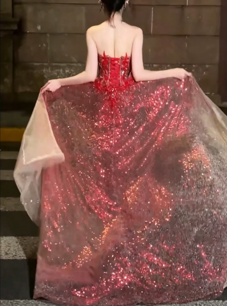 Romantic Illusion Neck Red Prom Dress Sequins Beaded Mermaid Evening Dress GG6501