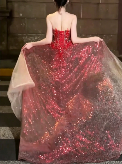 Romantic Illusion Neck Red Prom Dress Sequins Beaded Mermaid Evening Dress GG6501