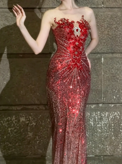 Romantic Illusion Neck Red Prom Dress Sequins Beaded Mermaid Evening Dress GG6501