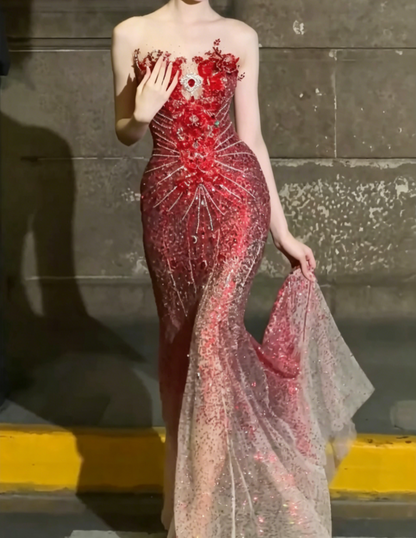 Romantic Illusion Neck Red Prom Dress Sequins Beaded Mermaid Evening Dress GG6501