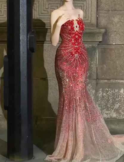Romantic Illusion Neck Red Prom Dress Sequins Beaded Mermaid Evening Dress GG6501
