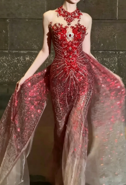 Romantic Illusion Neck Red Prom Dress Sequins Beaded Mermaid Evening Dress GG6501