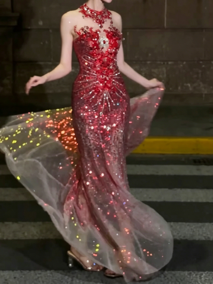 Romantic Illusion Neck Red Prom Dress Sequins Beaded Mermaid Evening Dress GG6501