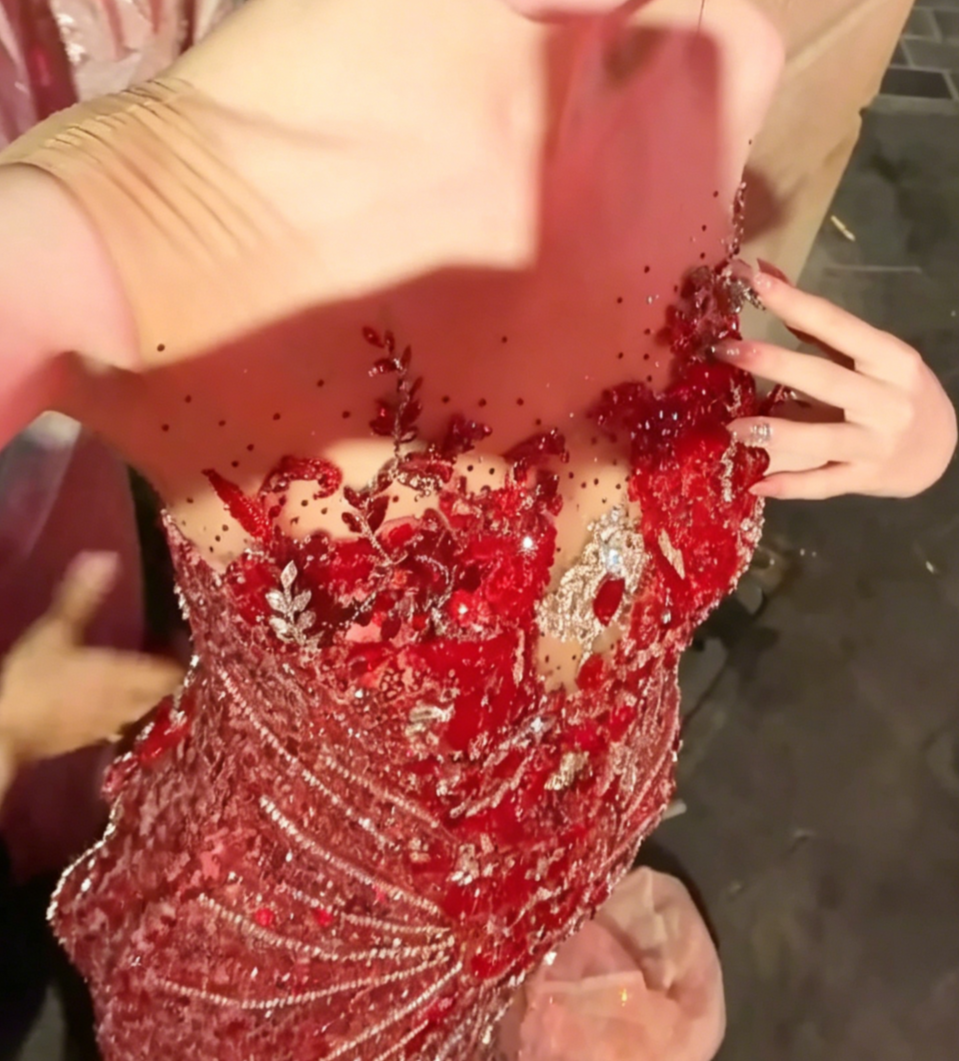 Romantic Illusion Neck Red Prom Dress Sequins Beaded Mermaid Evening Dress GG6501