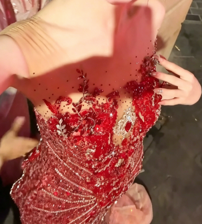Romantic Illusion Neck Red Prom Dress Sequins Beaded Mermaid Evening Dress GG6501