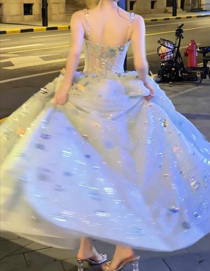 Chic Spaghetti Straps Blue Prom Dress Sequins Floral A-Line Evening Dress GG6507