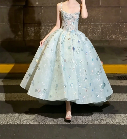 Chic Spaghetti Straps Blue Prom Dress Sequins Floral A-Line Evening Dress GG6507