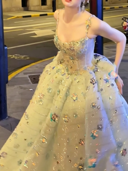 Chic Spaghetti Straps Blue Prom Dress Sequins Floral A-Line Evening Dress GG6507