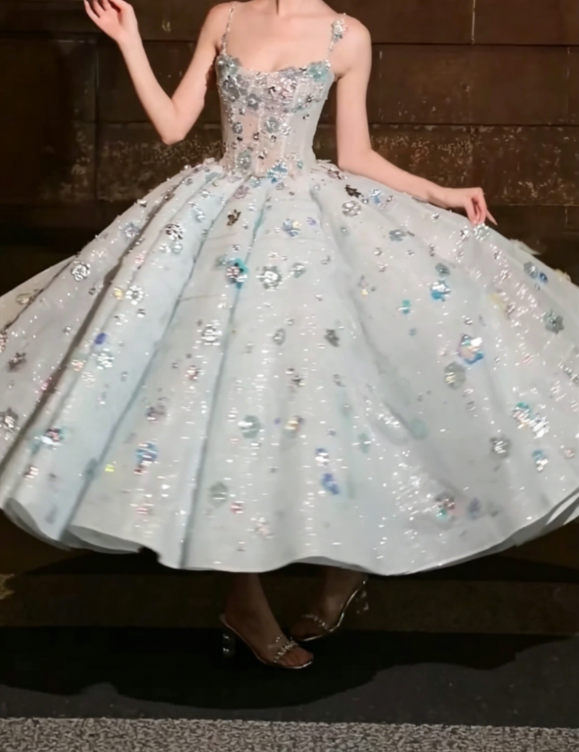 Chic Spaghetti Straps Blue Prom Dress Sequins Floral A-Line Evening Dress GG6507