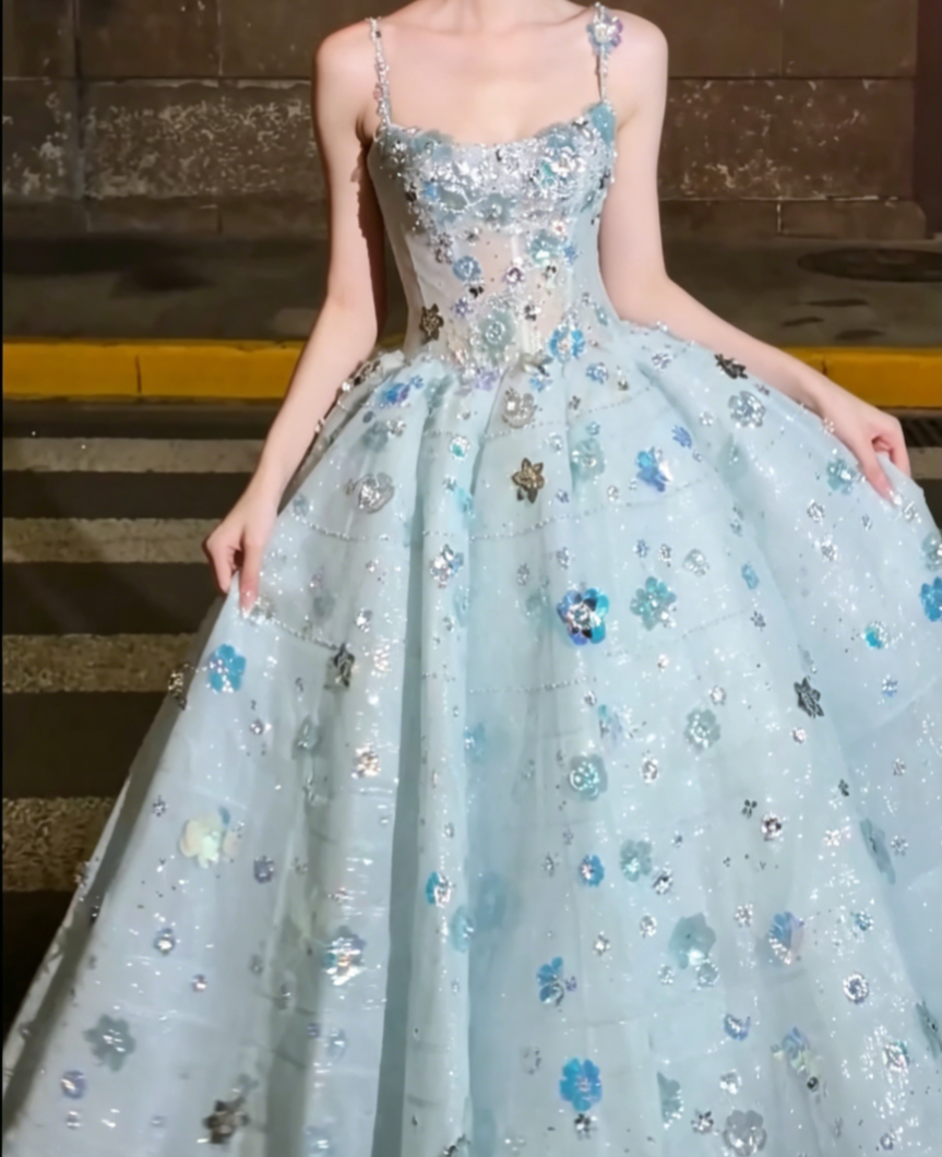 Chic Spaghetti Straps Blue Prom Dress Sequins Floral A-Line Evening Dress GG6507