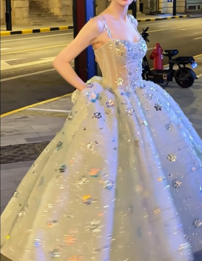 Chic Spaghetti Straps Blue Prom Dress Sequins Floral A-Line Evening Dress GG6507