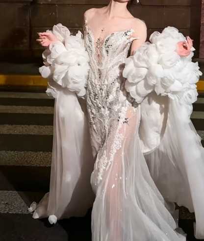 Romantic Illusion Neck Beaded Wedding Dress Rhinestones Sequins Mermiad Bridal Dress GG6508