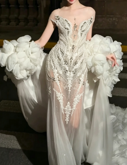 Romantic Illusion Neck Beaded Wedding Dress Rhinestones Sequins Mermiad Bridal Dress GG6508