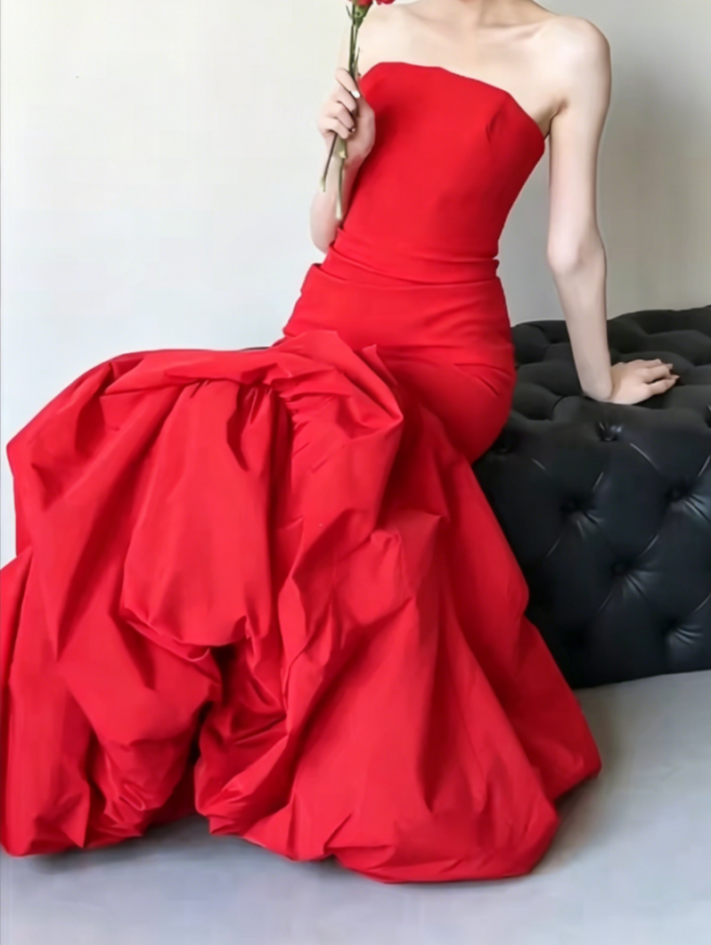 Alluring Strapless Red Prom Dress Ruched Satin Mermaid Evening Dress GG6510