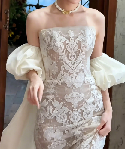 Graceful Strapless Lace Wedding Dress With Train Mermiad Bridal Dress GG6515