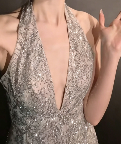 Trendy Halter Neck Silver Prom Dress Sequins Slit Mermaid Evening Dress GG6522