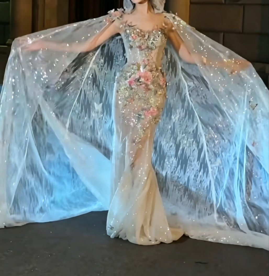 Charming Spaghetti Straps Floral Prom Dress Sequins Appliques Mermaid Evening Dress GG6526