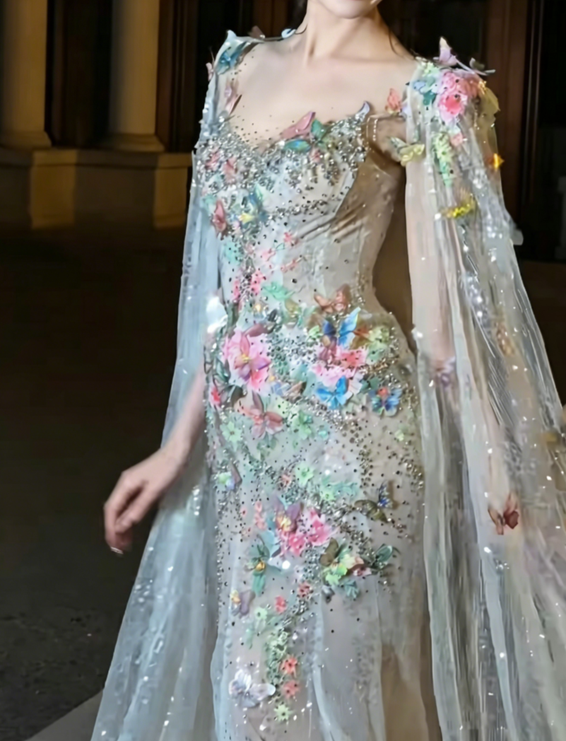 Charming Spaghetti Straps Floral Prom Dress Sequins Appliques Mermaid Evening Dress GG6526